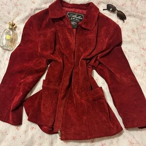 Women's vintage red suede jacket chic trendy 2026